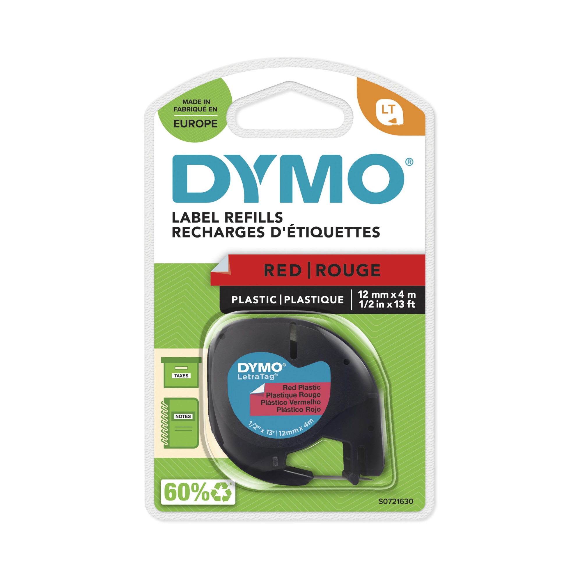 DYMO® Schriftbandkassette LT 12 mm x 4 m (B x L) Kunststoff, 100 % recycelt rot